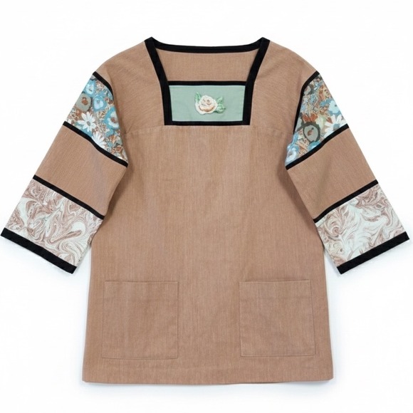 Modern Junior Vtg 1970s Beige Square Neck Embroidered Rose Dress Sz 9  Juniors